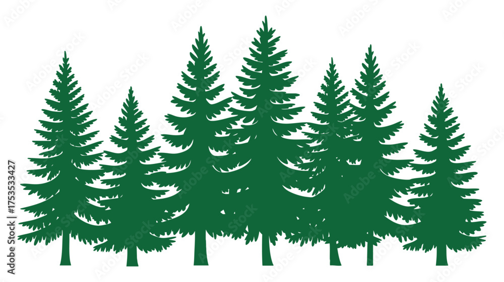Obraz premium Green evergreen forest silhouette row of pine trees nature graphic element