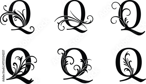 Six Black Ornate Capital Letter Q Monograms With Swirls And Flourishes capital Q alphabet