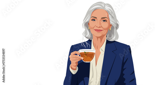 Elegant elderly woman with gray hair enjoying a warm herbal tea in a stylish blue blazer against a