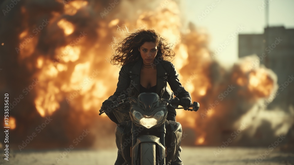 Obraz premium Dramatic female biker speeding away from a fiery urban explosion in a leather jacket, evoking adrenaline and cinematic danger