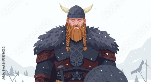 Viking warrior in armor with fur cloak and horned helmet amidst snowy landscape depicting Norse