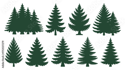 Collection of diverse evergreen pine tree silhouettes for seasonal and natural themes