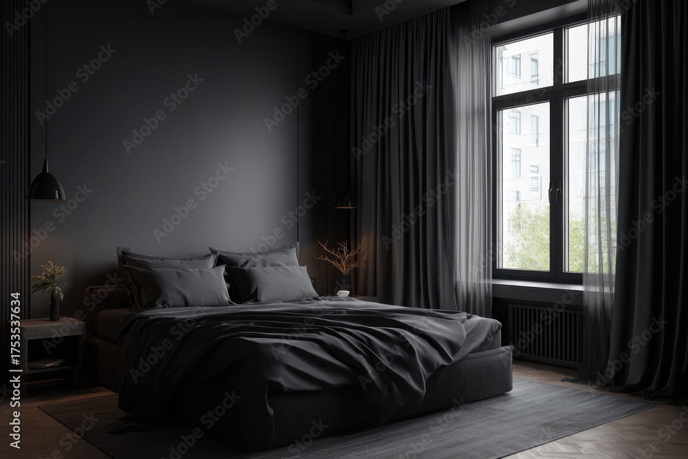 Obraz premium Dark modern bedroom with large window grey