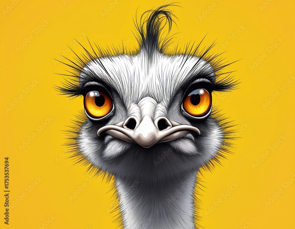 Fototapeta premium Emu illustration. Big bird on yellow backdrop looks. Wildlife australian animal. Cartoon bird with big yellow eyes. Decoration card or print for clothes. Farm bird. Poster for kids. Nature avian.