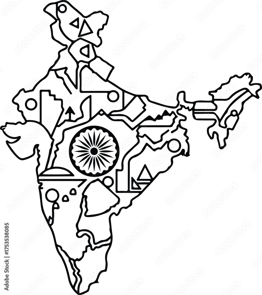 Obraz premium India Map Artwork: An artistic depiction of the India map, adorned with symbolic elements, showcasing the nation's cultural and geometric facets in a unique design. 