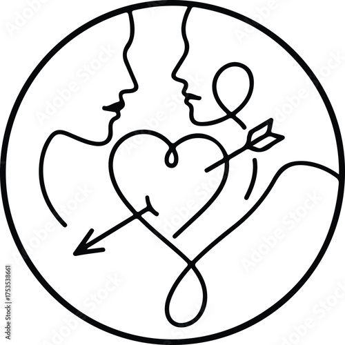 Everlasting Love: Simple, linear artwork in monochrome capturing two faces, a heart, and an arrow, symbolizing romance and affection within a circular frame. 