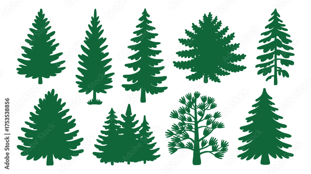 Obraz premium Collection of diverse evergreen pine and fir tree silhouettes for nature and design projects