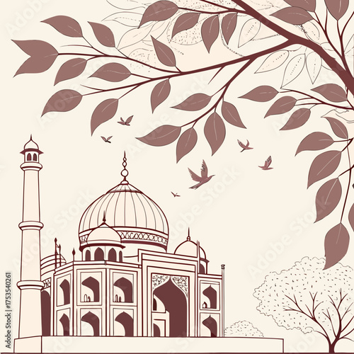 Vector art of taj mahal with tree scenery
