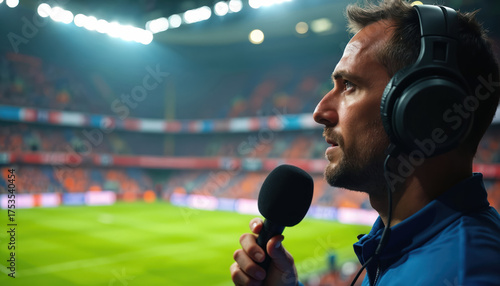 Fototapeta Naklejka Na Ścianę i Meble -  Man in headphones speaks into mic at soccer stadium. Reports live on football match. Broadcaster works, comments game, covers news for sport event. Journalist focuses on work. Announcer talks,
