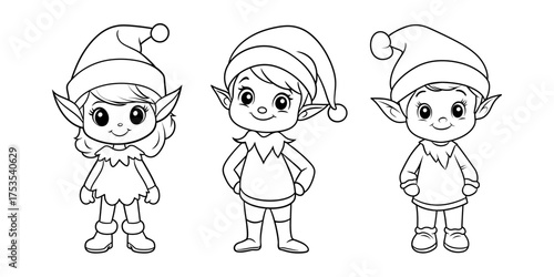 Christmas elves wearing hats and smiling in a coloring page illustration for children