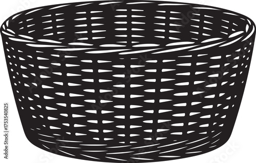 Black Woven Basket with a Textured Pattern on a White Background wicker container
