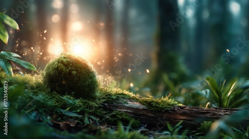 A glowing mossy orb rests on a tree trunk, surrounded by lush greenery in a misty forest. The golden light filtering through evokes a sense of tranquility and wonder.
