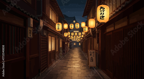 Illuminated Japanese Alleyway at Night with Traditional Lanterns