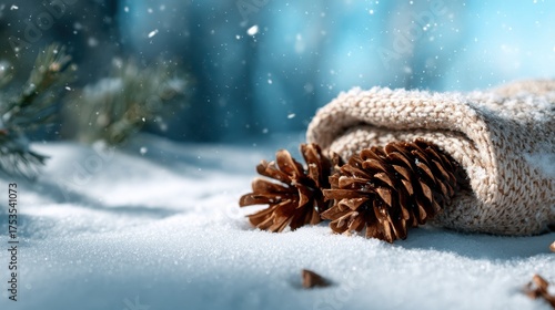 A serene winter scene featuring warm, cozy knitted fabric wrapped around pine cones, creating a tranquil atmosphere amid gently falling snowflakes on a cold day.