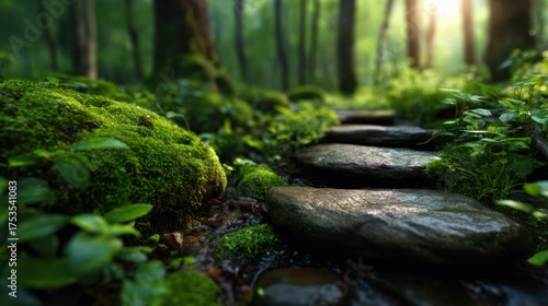 A tranquil forest path lined with lush moss-covered stones, illuminated by soft sunlight filtering through the trees, inviting exploration and connection with nature.