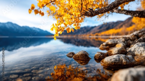 Golden autumn leaves gracefully hanging over a calm lake, their reflections creating a stunning visual effect that captures the essence of tranquility in nature.