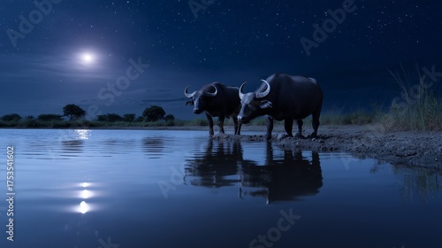 Wallpaper Mural Water buffaloes stand by a calm moonlit lake, ripples reflecting starlight, creating a serene and peaceful night safari scene. Torontodigital.ca