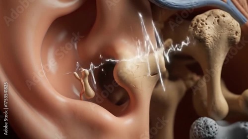 Human ear anatomy cross section showing ossicles and eardrum