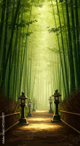 Serene Bamboo Forest Pathway Lined with Lanterns on a Misty Morning