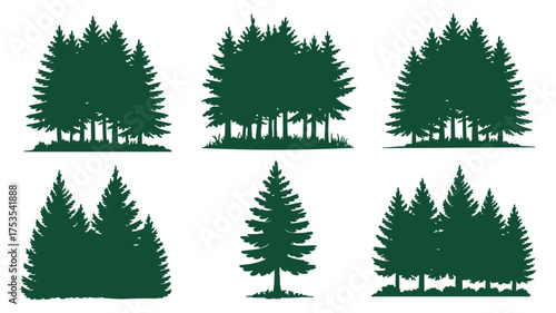 Collection of six distinct evergreen tree cluster silhouettes for natural scene design elements
