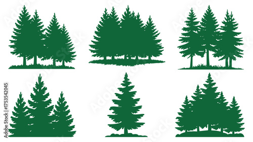 Collection of six distinct evergreen tree cluster silhouettes for natural scene design elements