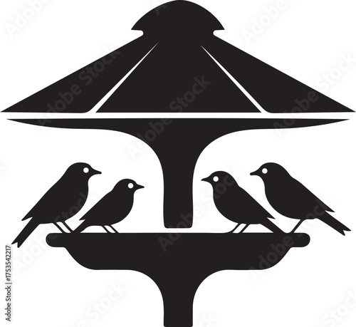 Silhouette of Four Birds Perched on a Bird Feeder Under a Roof feeding