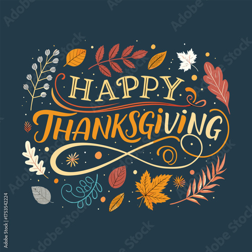 Vintage Happy Thanksgiving Typography with Fall Leaves and Decorative Swirls – Festive Greeting Design