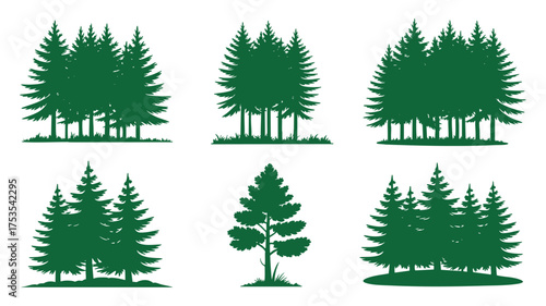 Collection of six distinct evergreen tree cluster silhouettes for natural scene design elements