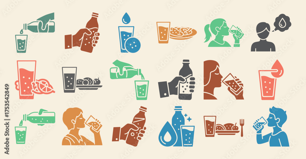 Solid filled icon set depicting sparkling water consumption including bottle sipping pouring and food pairing multiple color variants