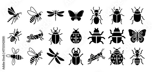 Solid filled wildlife insect icon set featuring butterfly bee dragonfly beetle ant ladybug and grasshopper designs
