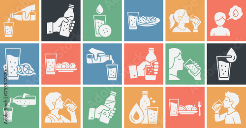 Sparkling water consumption icon set featuring bottle pouring sipping and food pairing in multiple color variants