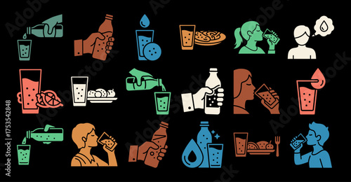 Solid filled icon set for sparkling water consumption featuring bottle sipping pouring and food pairings in multiple color variants on black background