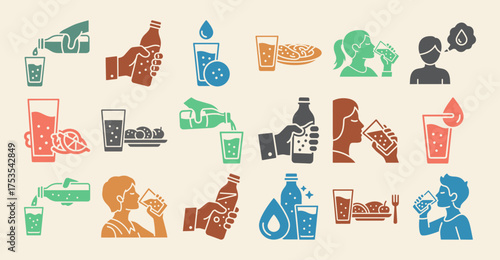 Solid filled icon set depicting sparkling water consumption including bottle sipping pouring and food pairing multiple color variants