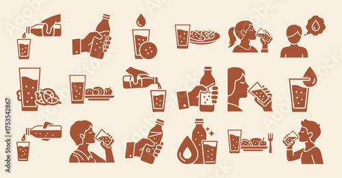Solid filled icon set depicting sparkling water consumption including holding bottles sipping glasses pouring drinks and food pairings