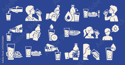 Solid filled icon set illustrating sparkling water consumption activities including holding bottles sipping glasses pouring and pairing with food on a blue background