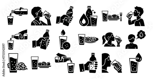 Solid filled icon set depicting sparkling water consumption including bottle holding sipping pouring drink with food and hydration