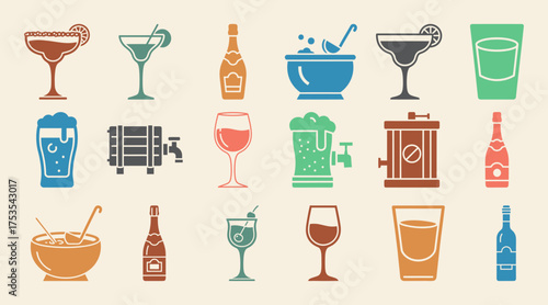 Comprehensive collection of solid filled party drink icons featuring champagne cocktails beer wine and more for festive occasions