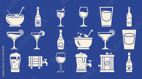 Solid filled icon set featuring a variety of party drinks including champagne cocktail beer punch shot wine and margarita glasses on blue