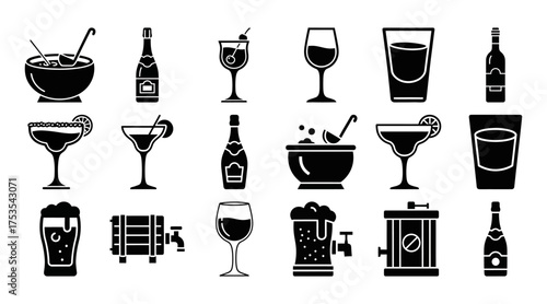 Solid filled icon set featuring diverse party drinks including champagne bottles cocktails beer kegs punch bowls shot glasses and wine