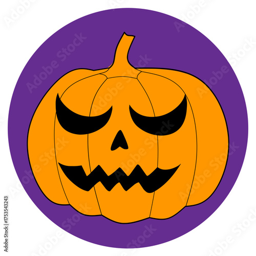 Cartoon Halloween Pumpkin Face on Purple Circle