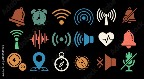 Solid filled icon set featuring essential map reading tools including a folded map compass magnifying glass and gps device on a black background