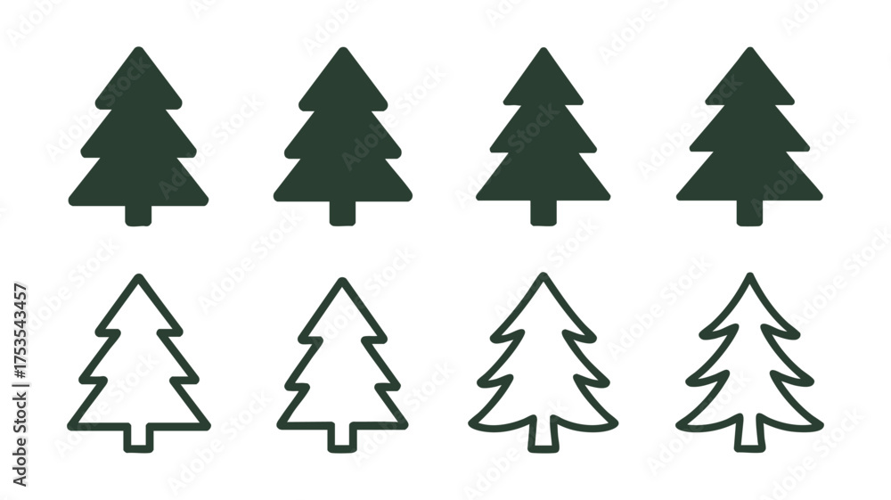 Fototapeta premium Set of christmas trees four solid green and four outline stylized evergreen icons