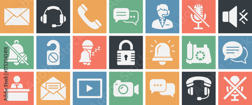 Solid filled icon set for silence and muted notifications featuring bells speakers and microphones in multiple color variations