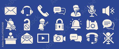 Solid filled icon set representing silence modes muted bell crossed speaker and no microphone symbols