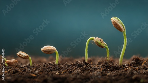 Fototapeta Naklejka Na Ścianę i Meble -  Seeding and nurturing agricultural plants. Germination process. Business growth, planning, and strategic development visualized. Wide banner with space for text.
 