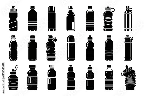 Flat icon set showcasing diverse water bottle types including plastic stainless steel glass and collapsible designs for various uses