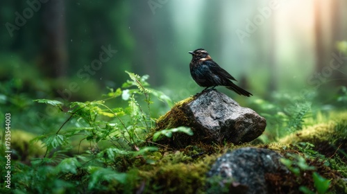 A solitary bird perched gracefully on a moss-covered rock surrounded by dense greenery, capturing the essence of tranquility and nature's beauty in a serene setting.