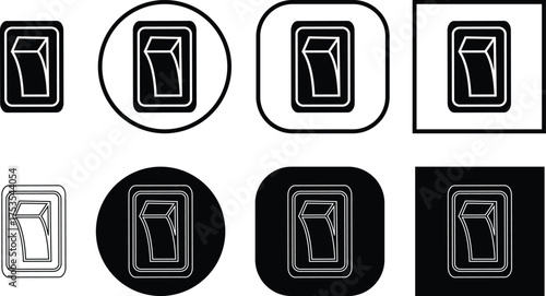 Black switch button icon set, electric toggle collection, power control symbol group, on off rocker outline and flat design, electrical switch vector pack in line style