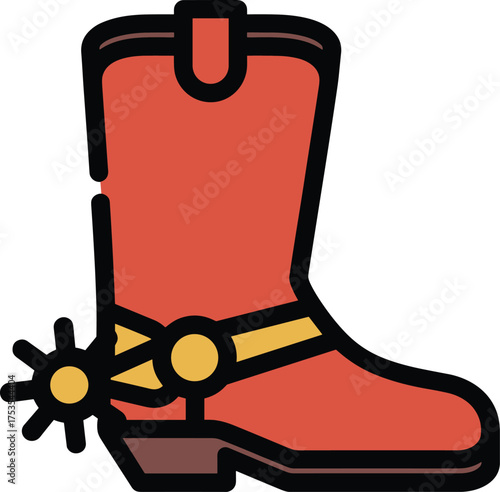 Red cowboy boot with yellow spur illustration, western style cartoon design, rustic rodeo footwear art, classic country fashion symbol
