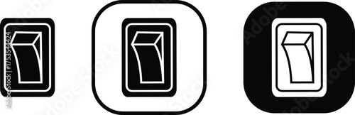 Black switch button icon set, electric toggle collection, power control symbol group, on off rocker outline and flat design, electrical switch vector pack in line style